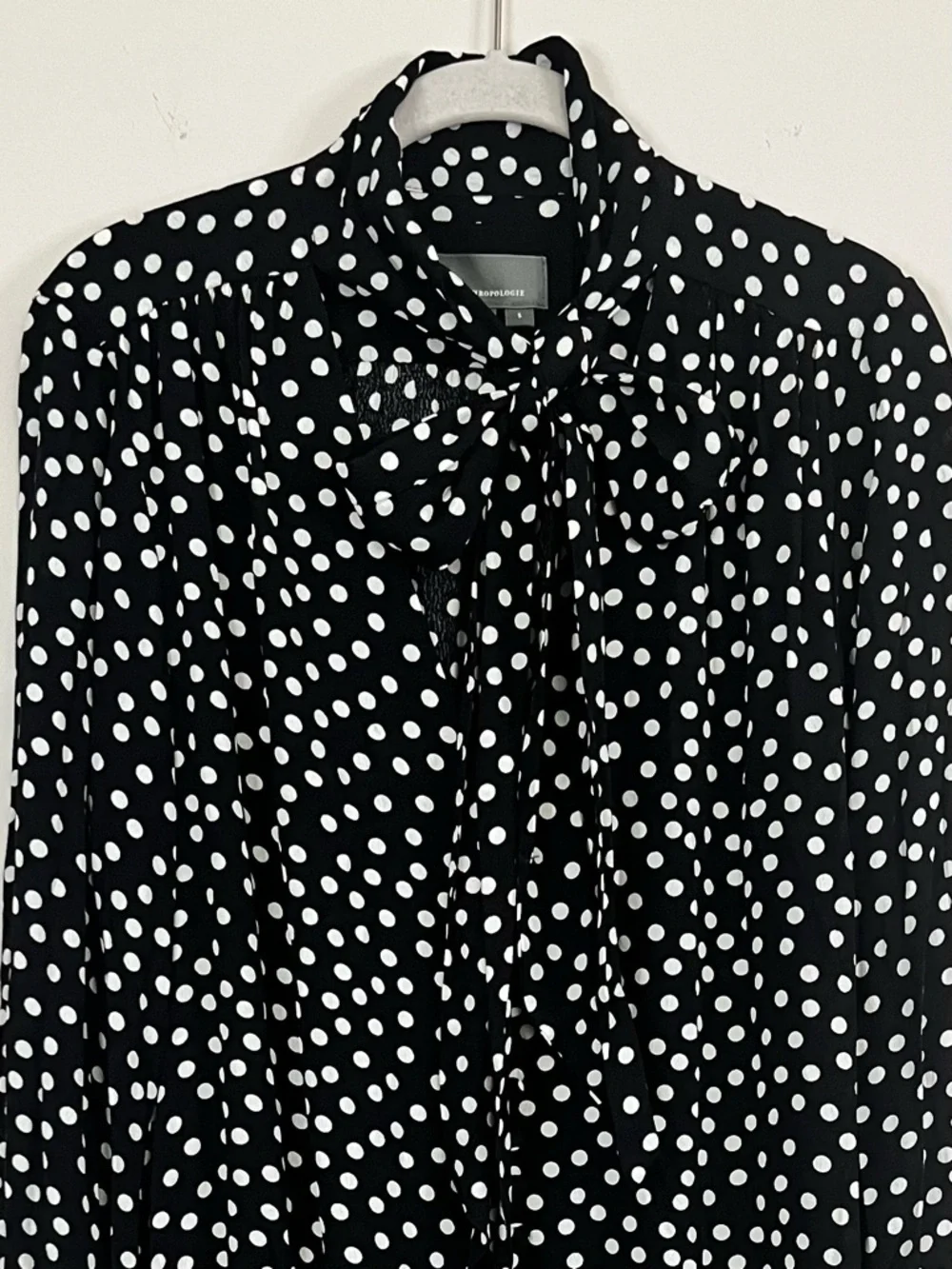 Anthropologie Polka Dot Tie-Neck Swing Mini Dress Black White S Ruffle Chic